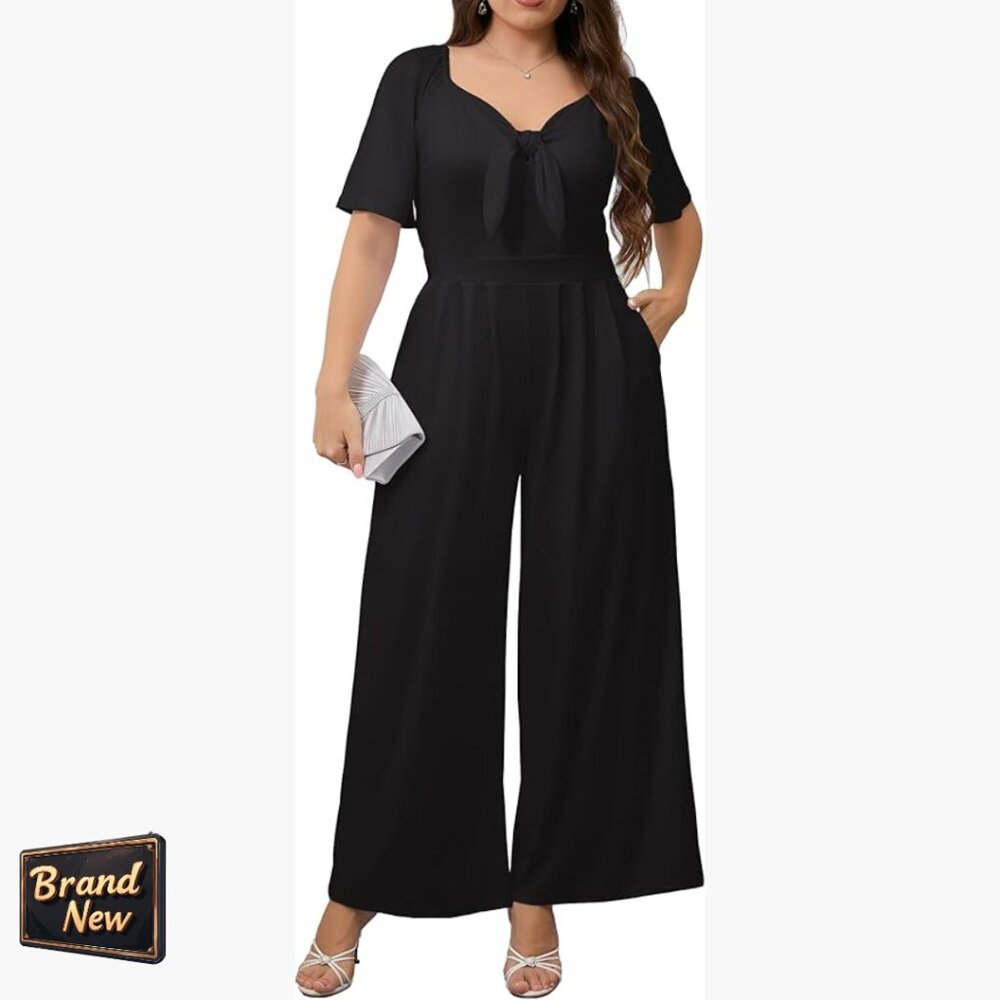 Plus Size Jumpsuit With Pockets Elastic Ruffle Short Sleeve V Neck Smocking Back